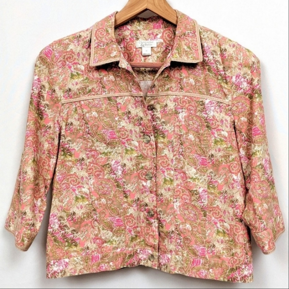 Christopher & Banks Linen Blend Jacket Paisley Floral Boho Cottage Prairie Tan M